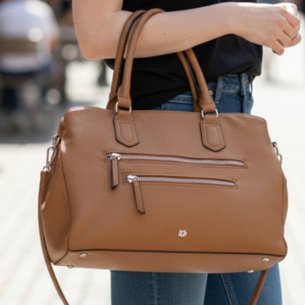 Kate & Alex Caffaro Handbag Brown Double Handle Crossbody Pebbled Faux‎ Leather